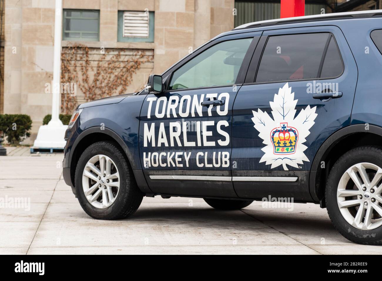 Toronto Marlies Hockey Club, member of the AHL logo on side of vehicle at their home arena, the Coca Cola Coliseum. Stock Photo