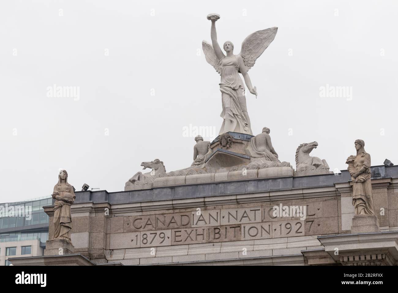 Top of the triumphal arch monumental gateway at the entrance to Canadian National Exhibition Place in Toronto. Stock Photo