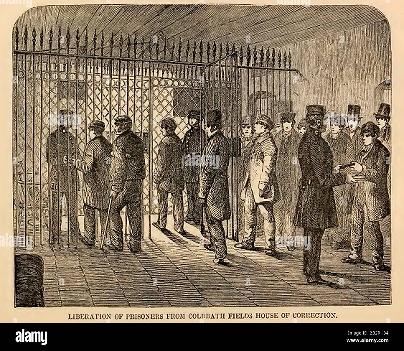 A Victorian engraving showing prisoners being released from the House of Correction at Coldbath Fields , England (also known as Middlesex House of Correction and Clerkenwell Gaol and colloquially as The Steel). It housed low grade prisoners, political radicals and debtors  on short terms up to two years and later vagrants and other non serious offenders. it's name derived from   Cold Bath Spring, a medicinal spring discovered in 1697. Punishments included a treadmill and a regime of silence.  The gaol was run by magistrates including Joseph Merceron, the corrupt 'Boss of Bethnal Green'. Stock Photo