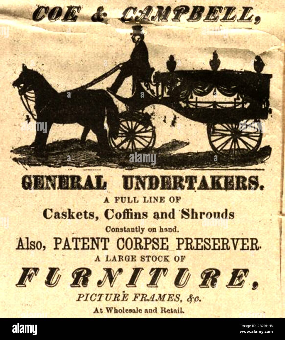 A Victorian  Undertakers advertisement. It's interesting to see that as well as having a range of caskets, coffins,shrouds and a patent corpse preserver, Coe and Campbell also used a patent corpse preserver  and sold picture frames and furniture, wholesale & retail. Stock Photo