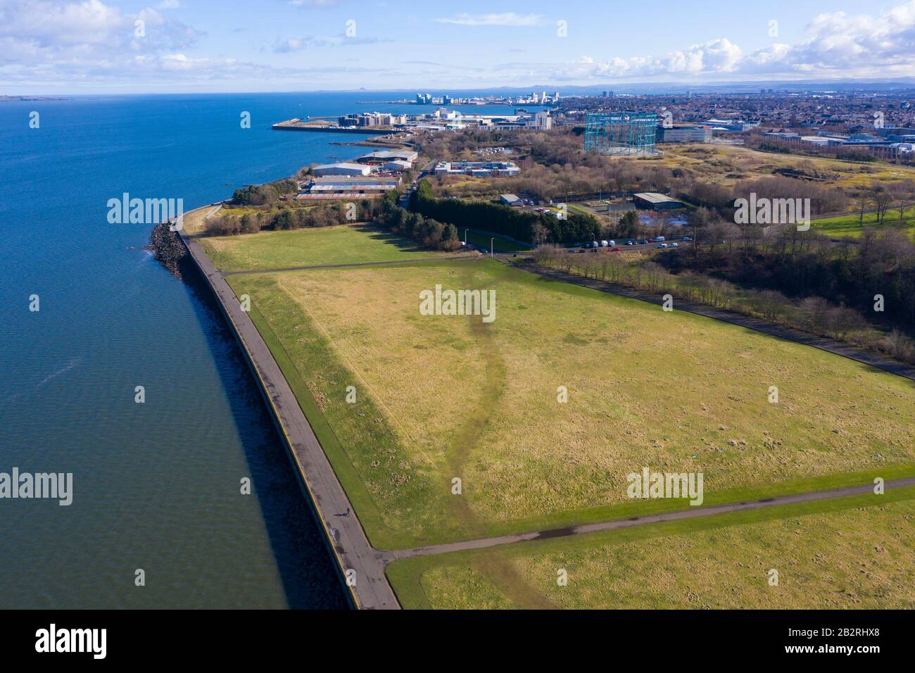 Aerial view of Gypsy Brae recreation park on shore of River Forth in Granton, Edinburgh, Scotland, UK. This area is to be redeveloped into park Stock Photo