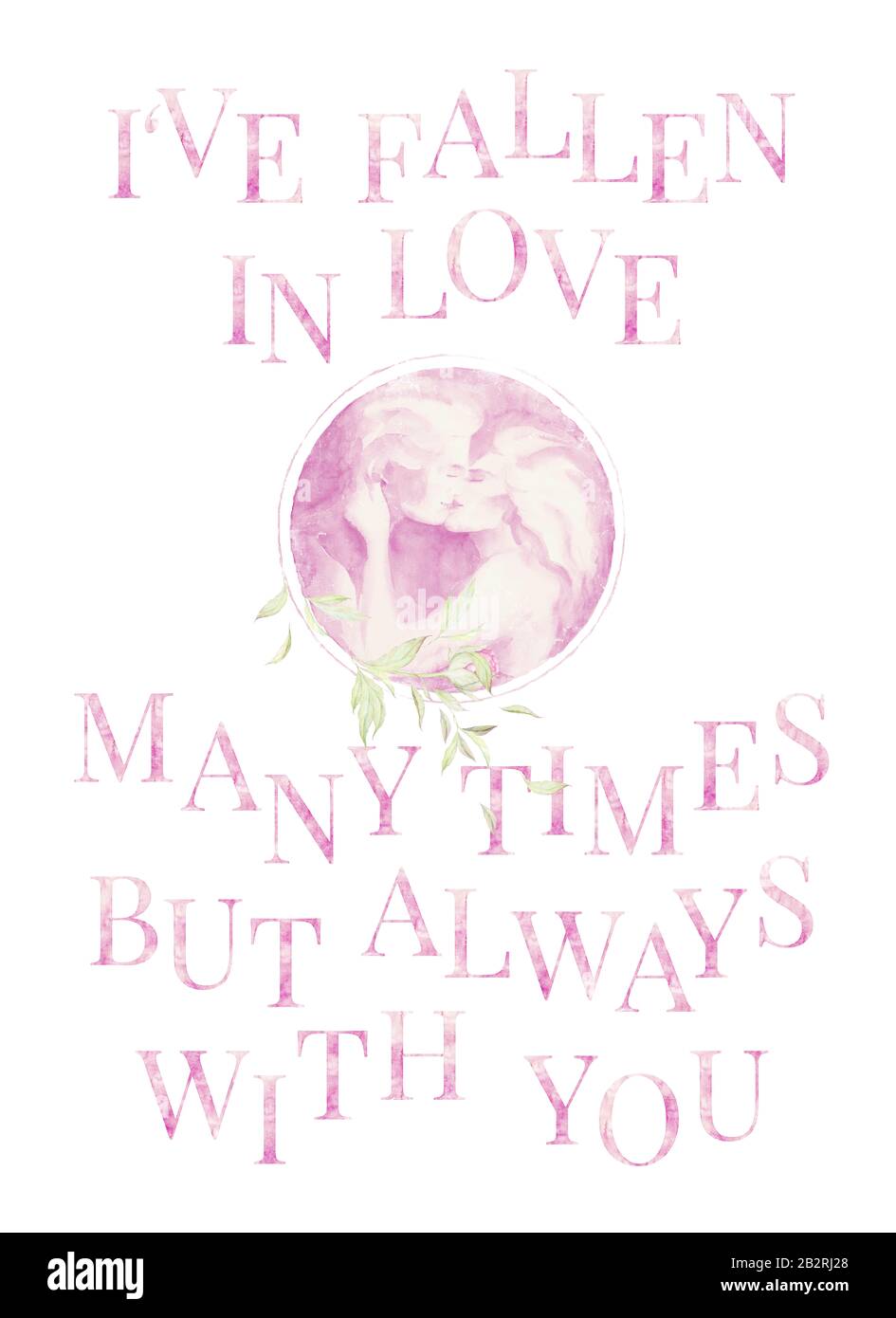 I've fallen in Love. Couple. Kiss. Love Quotes. Watercolor Letters. Peonies branches. Vintage. Pre-made Composition. Print quality. White background. Stock Photo