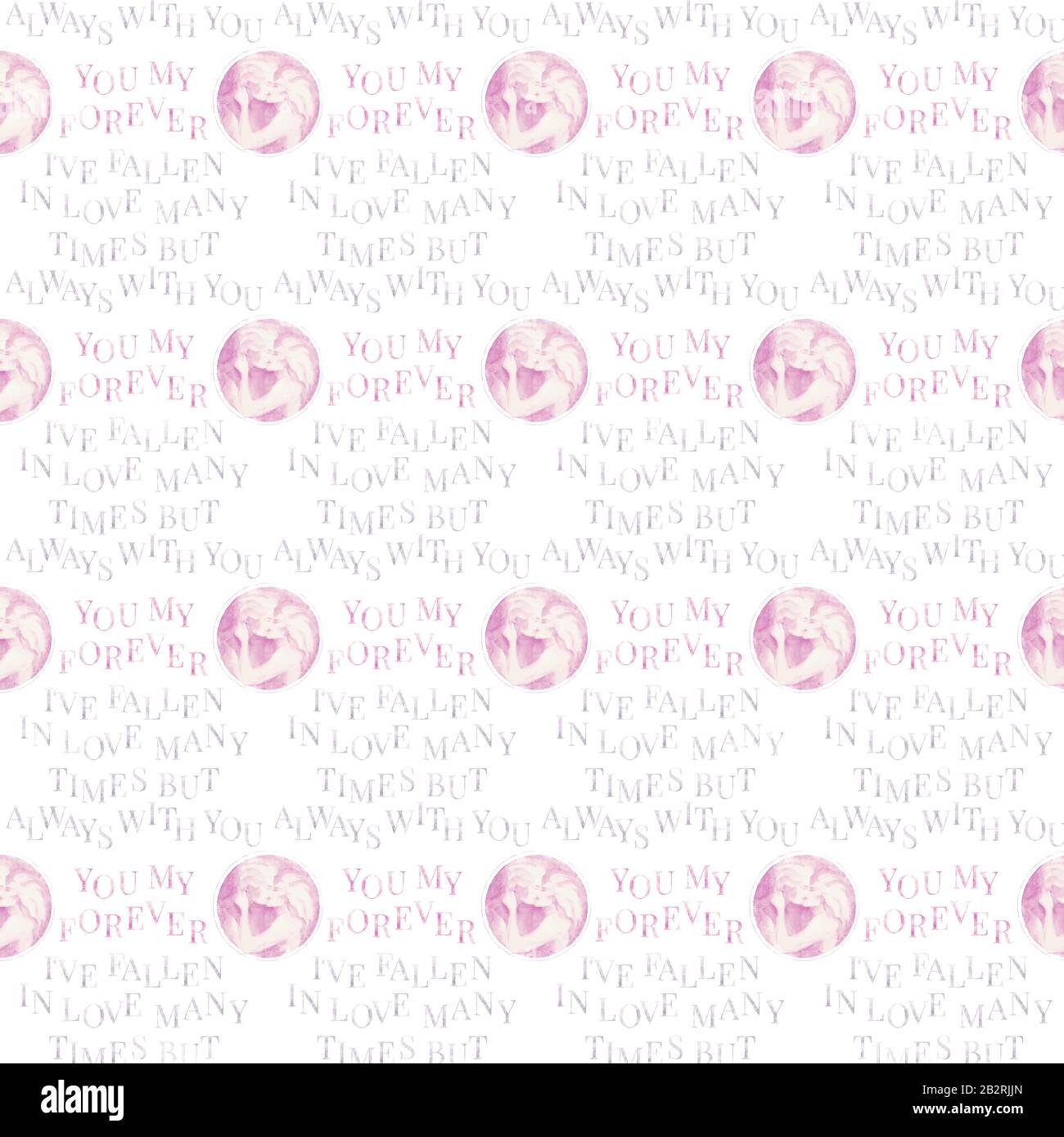 Seamless pattern. Couple Kiss. Love Quotes. Letters pattern White Pink. Watercolor. Vintage. Print quality Stock Photo