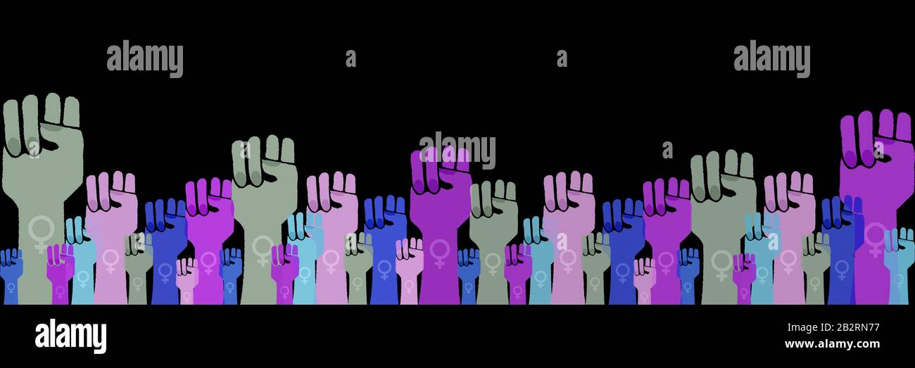Womens raised fists illustration on black background banner, womens rights, power, solidarity and protest concept Stock Photo