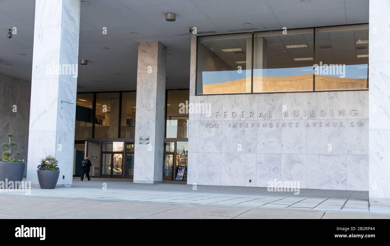 Entrance to the Federal Building on 800 Independence Ave., headquarters to the Federal Aviation Administration better know as the FAA. Stock Photo