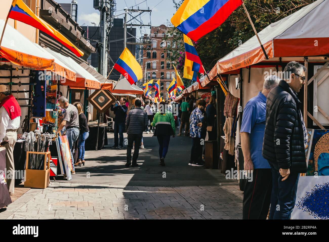 Usaquen flea market on a sunny morning, merchants sell antiques, crafts, jewelry and other products, Bogotá Colombia, March 1, 2020 Stock Photo