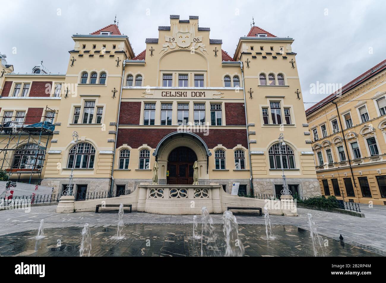 CELJE, SLOVENIA - Sep 08, 2019: Celje, Slovenia - September 8th, 2019. Historical center of Celje with castle, municipal house and main square Stock Photo