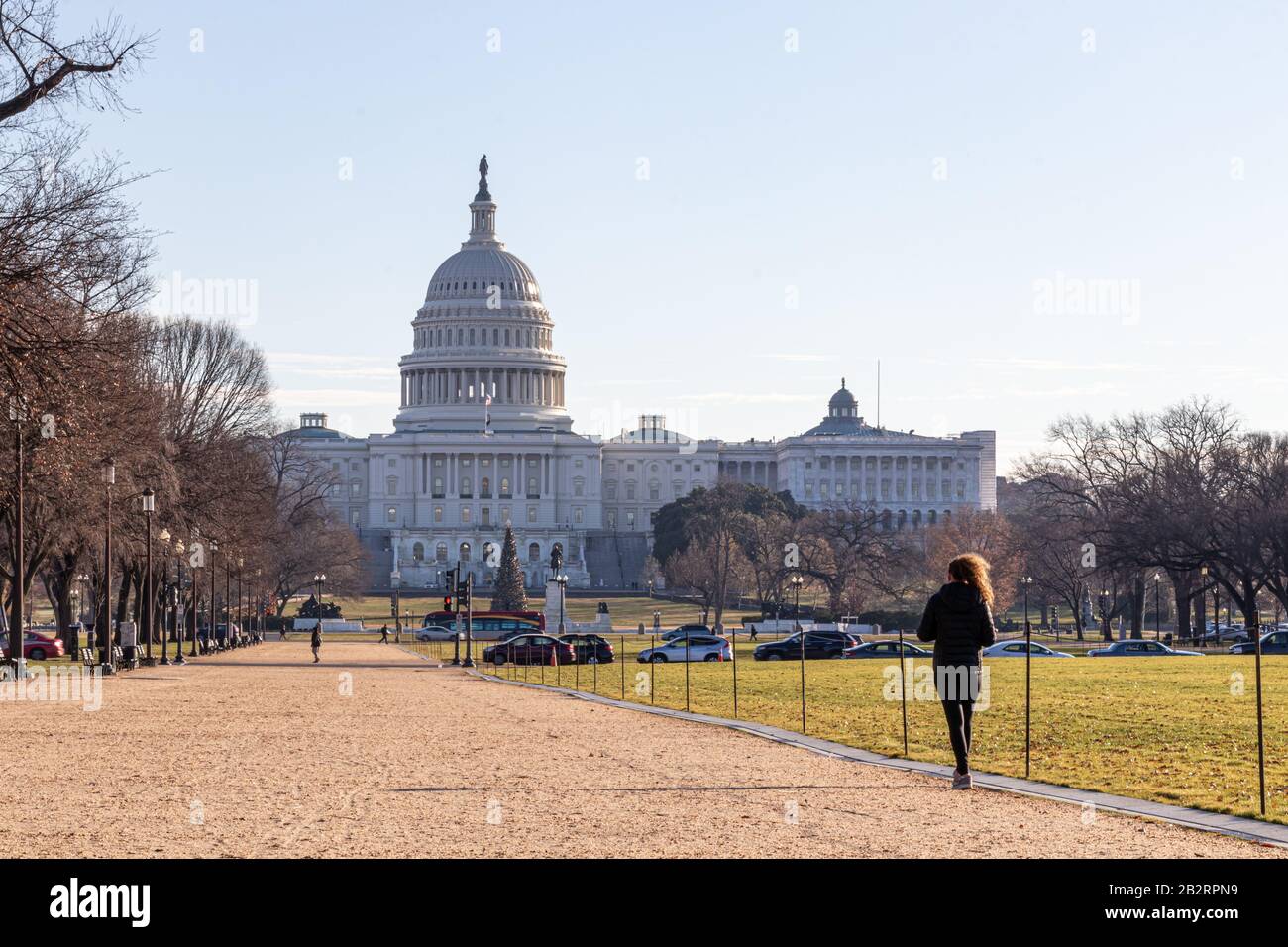 Women runs along the National Mall towards the US Capitol Building. Stock Photo