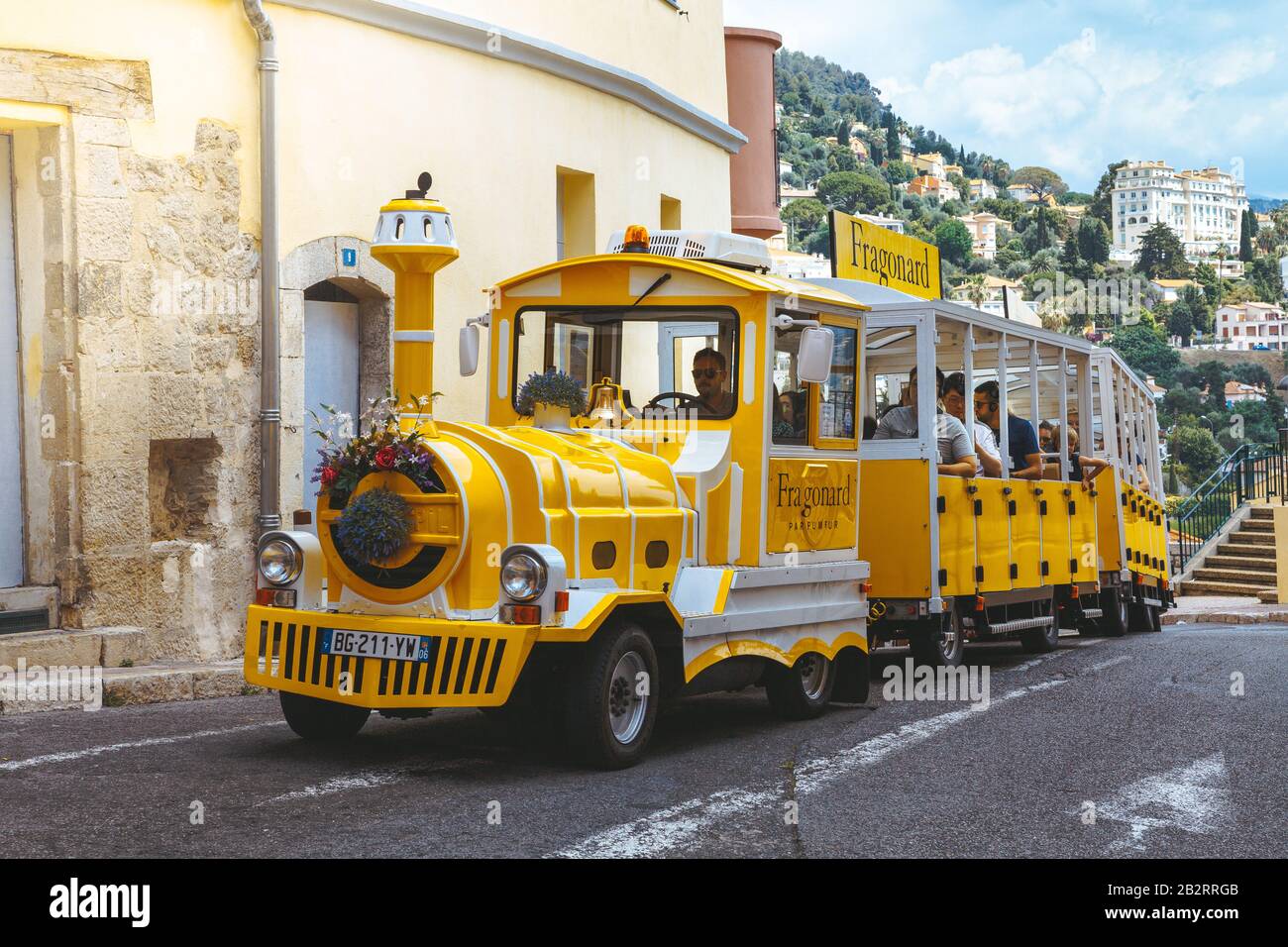 Grasse, France  July 4, 2019 The yellow tourist train on the street