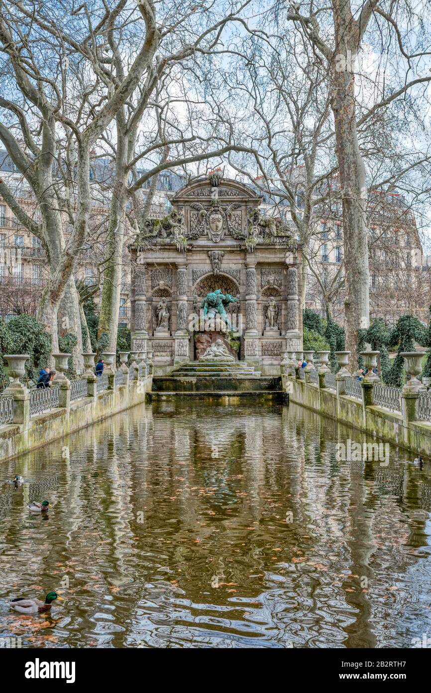 Medici Fountain at Luxembourg Gardens in winter - Paris Stock Photo