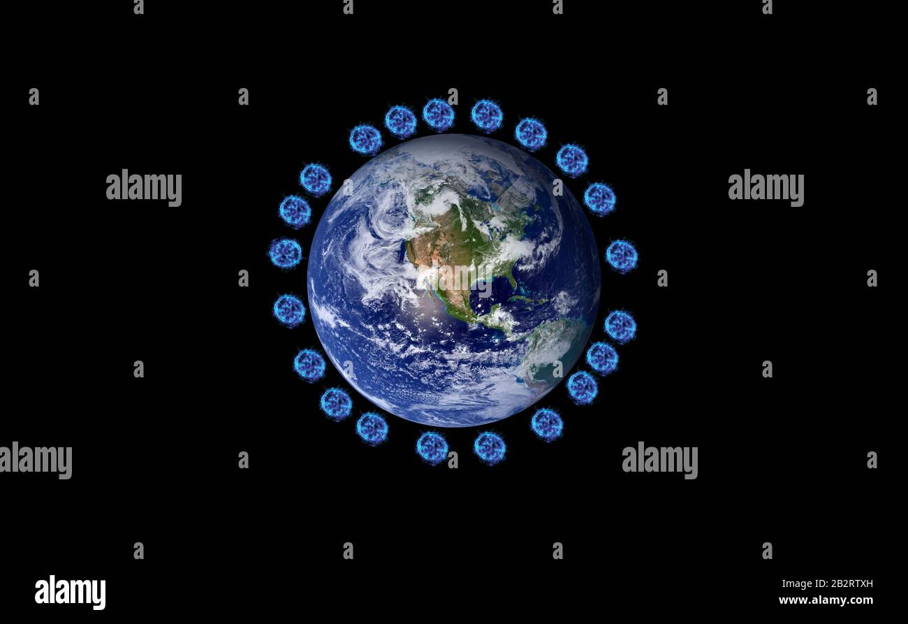 The earth under coronavirus covid-19 attack. The planet earth surrounded by coronavirus particles concept Stock Photo