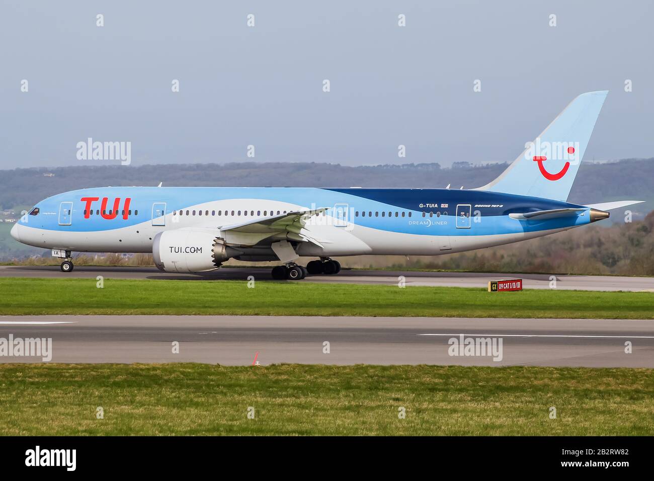 TUI Boeing 787-8 Dreamliner (G-TUIA)taxiing to runway 09 for departure at Bristol International Airport. Stock Photo