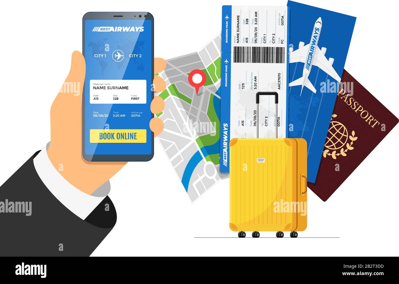 Online flight booking service concept. Hand holding smartphone with mobile app ordering airline ticket in front of suitcase luggage and passport. Travel application vector flat illustration Stock Vector