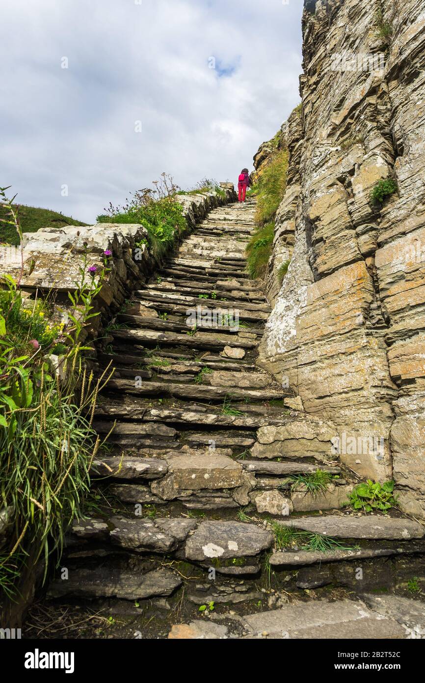 Vertical shot of the Whaligoe Steps, a man-made stairway of 365 steps near Wick, Caithness, Scotland Stock Photo