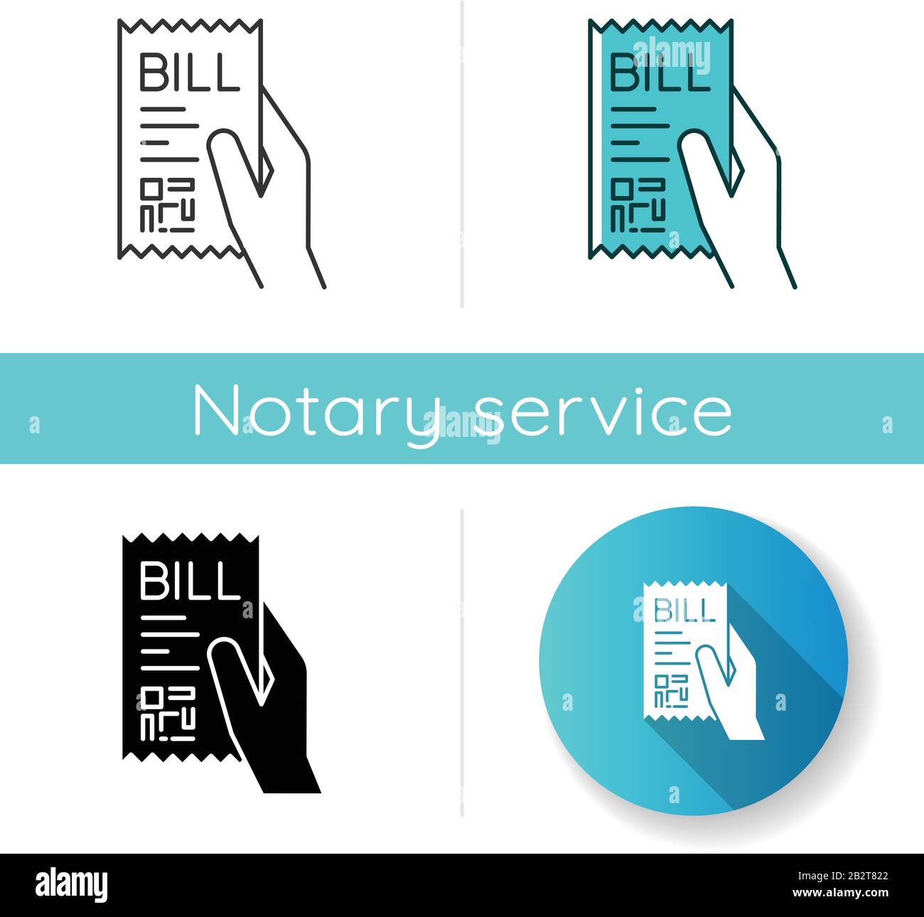 Bill of exchange icon. Printed cheque. Payment notice. Purchase confirmation, proof. Cashiers receipt, cash-memo. Shopping. Linear black and RGB color Stock Vector