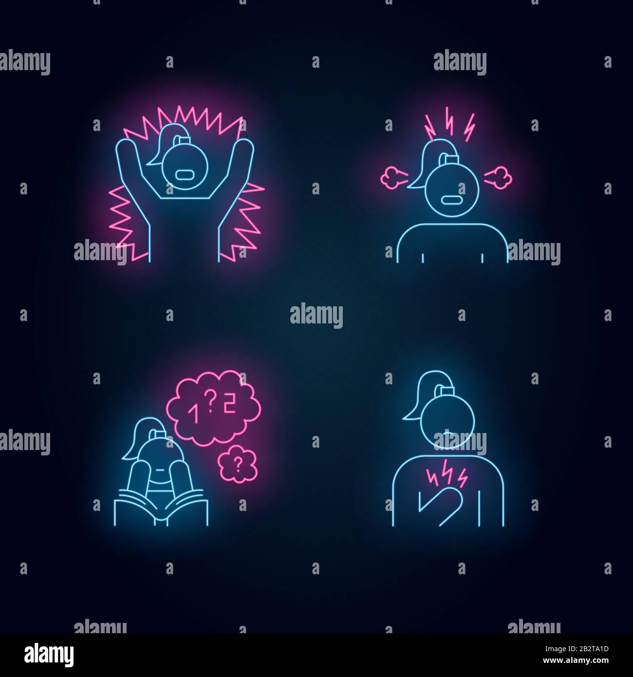 PMS symptoms neon light icons set. Emotional outburst. Irritability and
