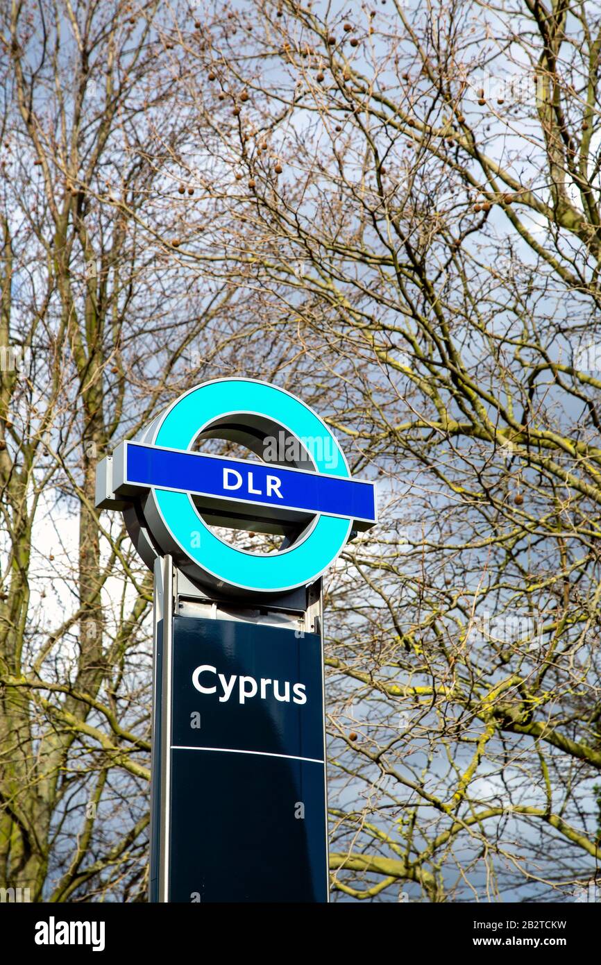 Sign for DLR Cyprus Station, East London, UK Stock Photo