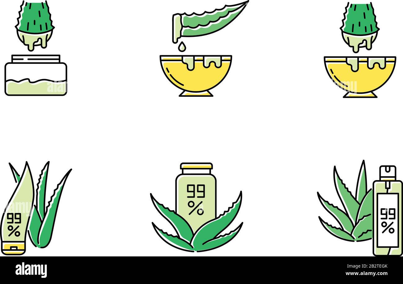 Aloe vera green color icons set. Medicinal herbs juice. Pure organic lotion. Healing liquid from plants. Natural cosmetic products for skincare. Leaf Stock Vector