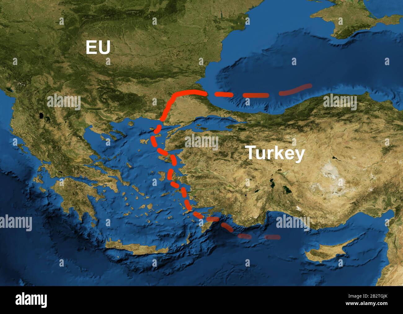 Border EU and Turkey on geographic map, refugee crisis concept. Conflict between European Union and Turkey over the flow of migrants. Elements of this Stock Photo