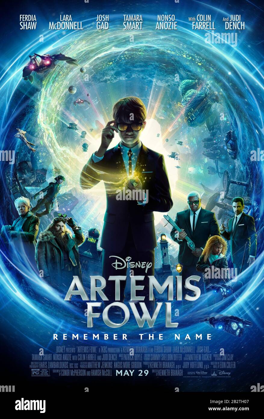 Artemis Fowl (2020) directed by Kenneth Branagh and starring Judi Dench, Josh Gad and Miranda Raison. Big screen adaptation of Eoin Colfer’s Artemis Fowl science fiction fantasy novels. Stock Photo