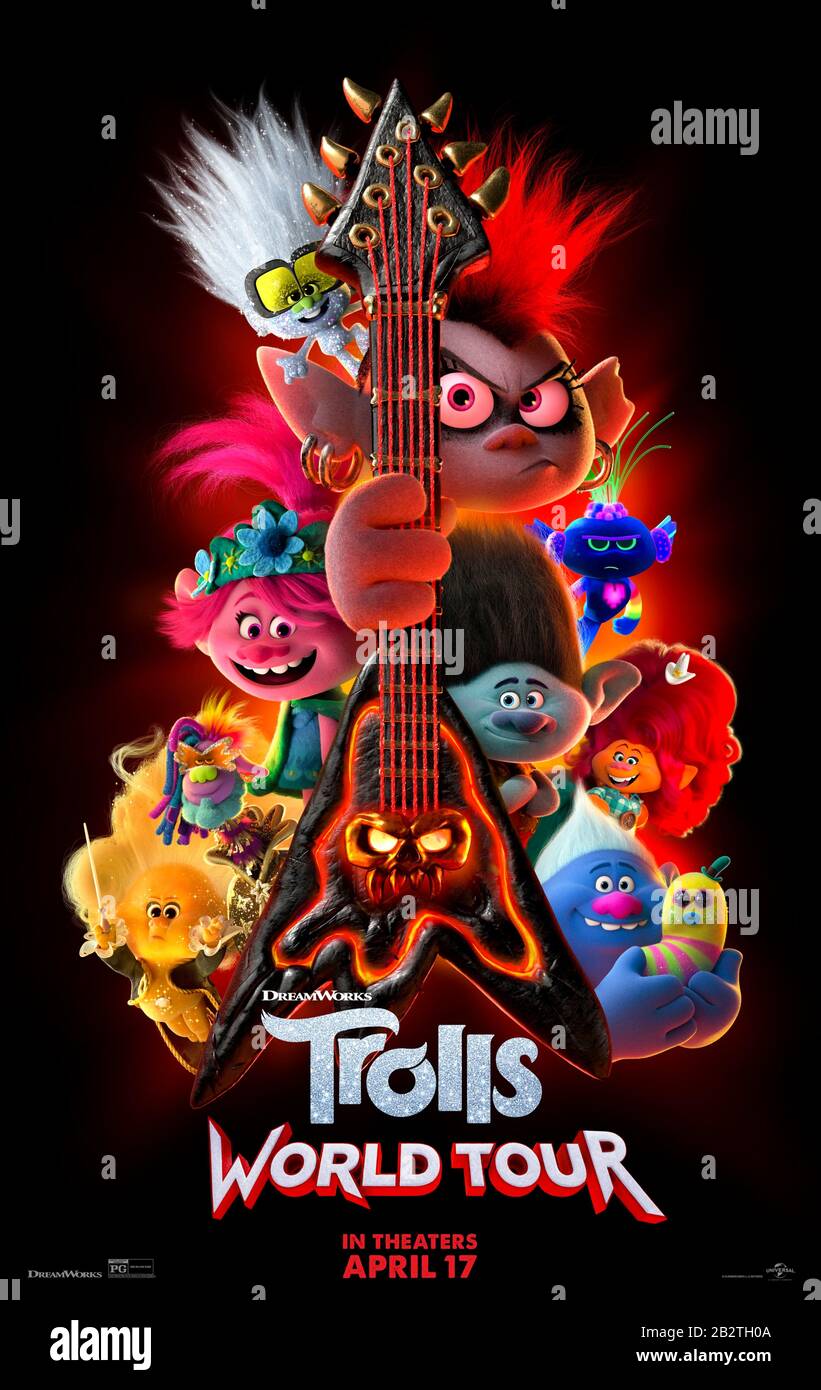 Trolls World Tour (2020) directed by Walt Dohrn and David P. Smith and starring Justin Timberlake, James Corden, Ozzy Osbourne and Mary J. Blige. The Troll tribe into rock music decide to tour the lands of trolls who prefer funk, country, techno, classical and Pop music. Stock Photo