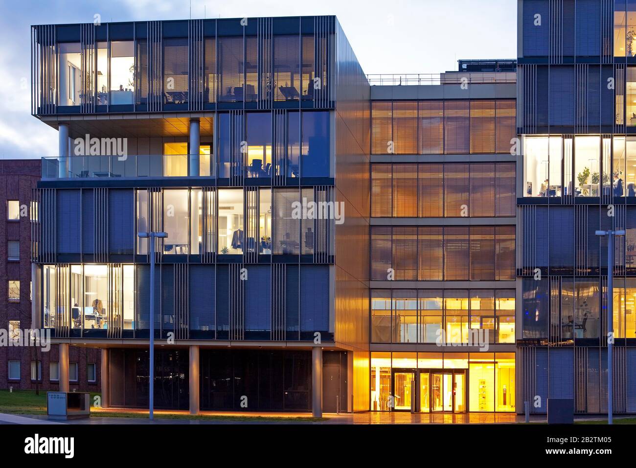 ThyssenKrupp corporate headquarters in the evening, Essen, Ruhr Area, North Rhine-Westphalia, Germany Stock Photo