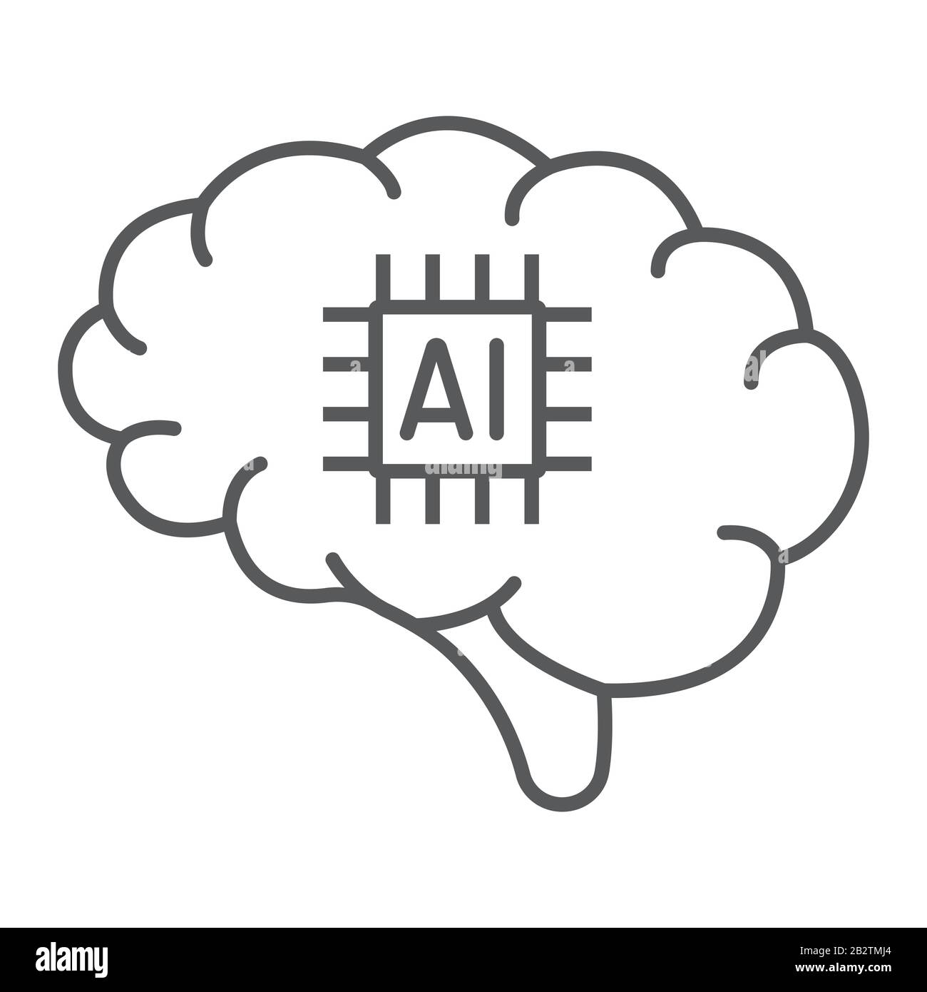 Brain with chip thin line icon, technology and brain, neurochip sign, vector graphics, a linear pattern on a white background, eps 10. Stock Vector