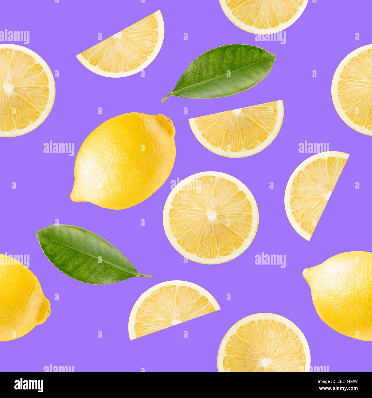 pattern with lemon slices on a purple background. Stock Photo