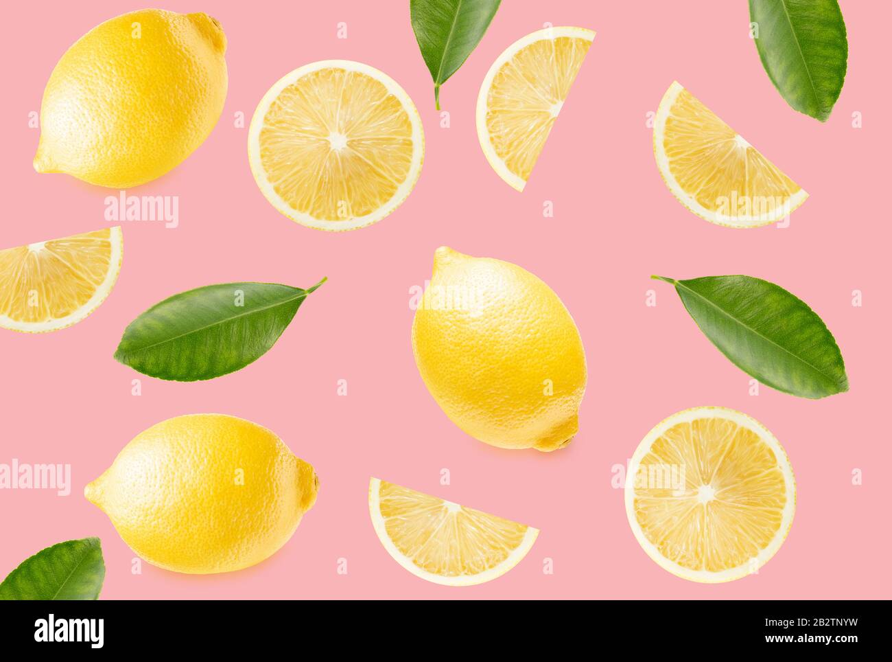 pattern with lemon slices and leaves on a light pink background Stock ...