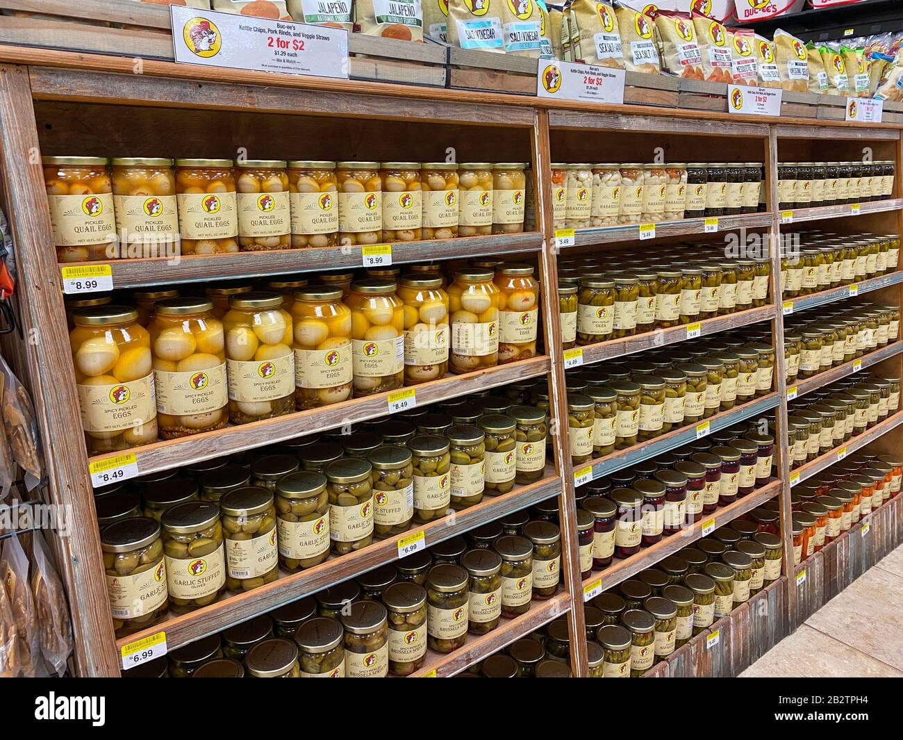 Houston, TX/USA2/25/20 Pickled eggs and Olives at a Buc ees. The Buc ees gas station, fast
