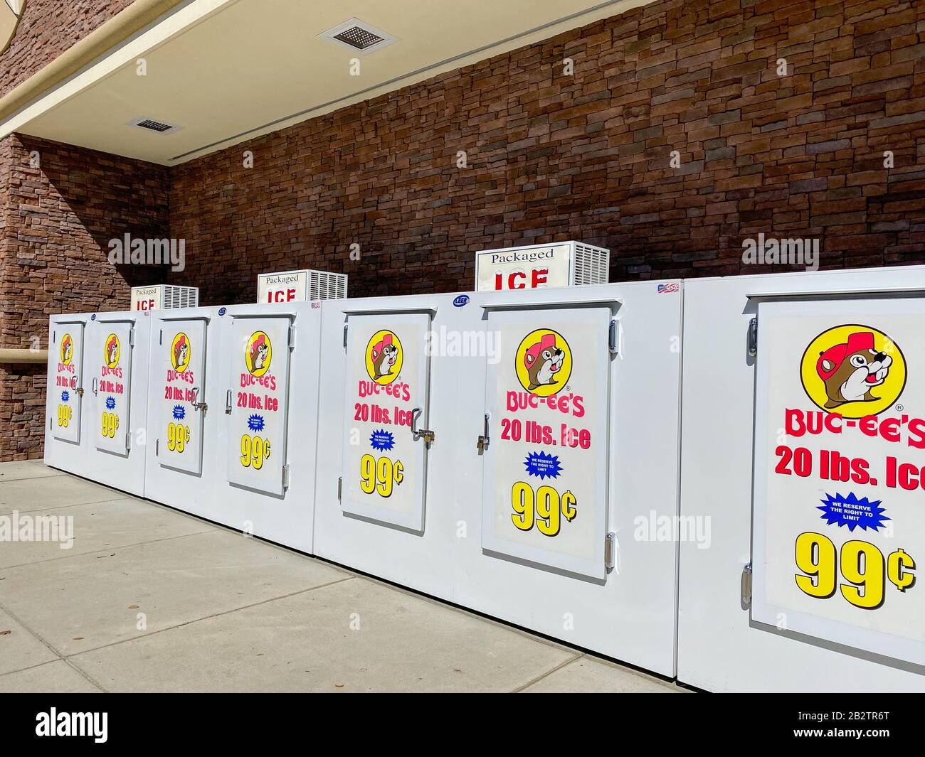 Houston, TX/USA2/25/20 The bags of ice coolers at a Buc ees. The Buc