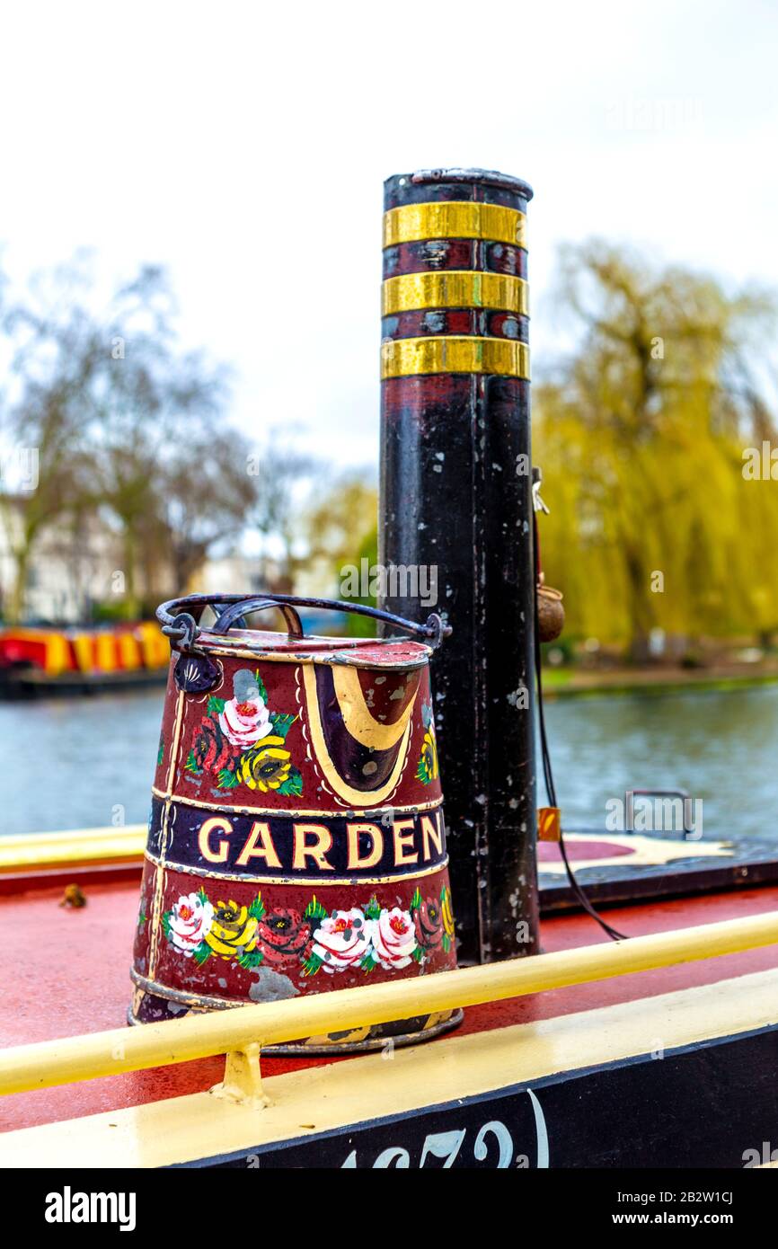 Canal boat folk art, can painted in the Roses & Castles style, Little Venice, London, UK Stock Photo