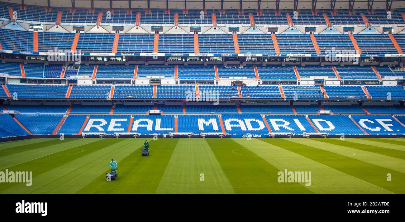 Mowing the pitch at Real Madrid's Bernabeu stadium, Madrid, Spain Stock Photo