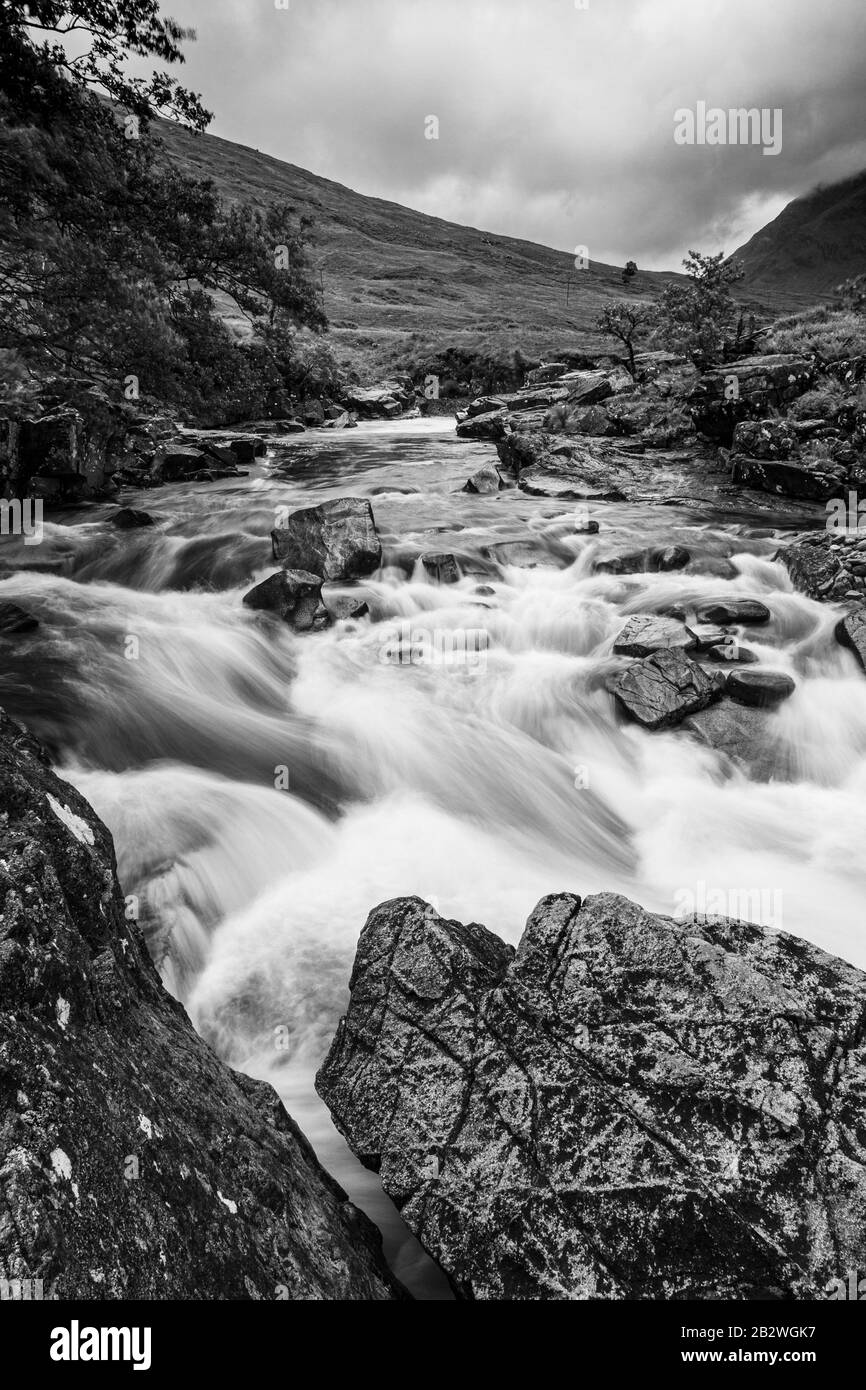 Glen Coe and Glen Etive at Dawn. Scene of the Campbells and MacDonalds massacre as part of the Jacobite rising. Stock Photo