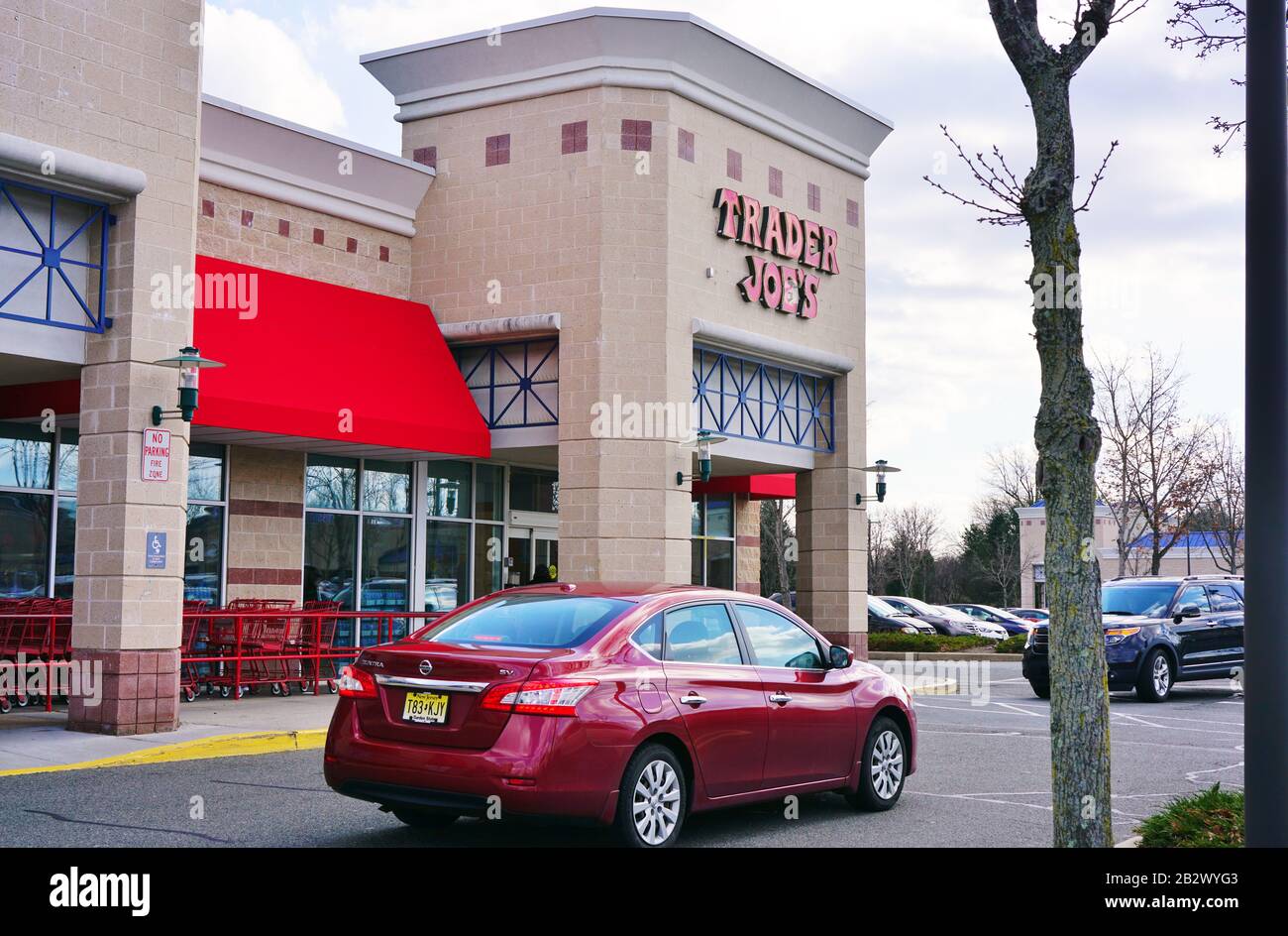 WEST WINDSOR, NJ -29 FEB 2020- A Trader Joe store in West Windsor, New Jersey. Trader Joe is an American specialty grocery store founded by Joe Coulom Stock Photo