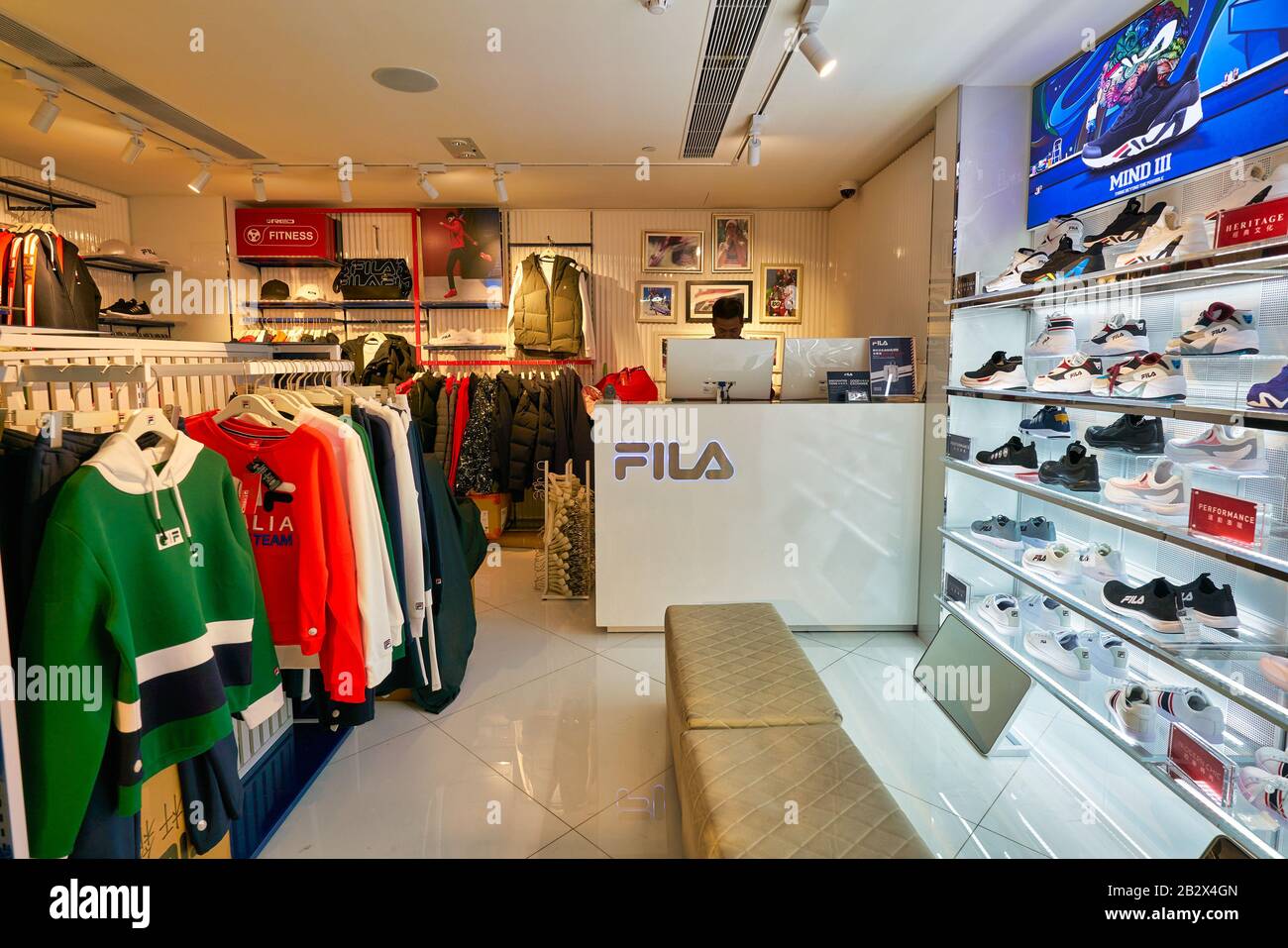 HONG KONG, CHINA - JANUARY 23, 2019: clothes on display at Fila store in  New Town Plaza. New Town Plaza is a shopping mall in the town centre of Sha  T Stock Photo - Alamy