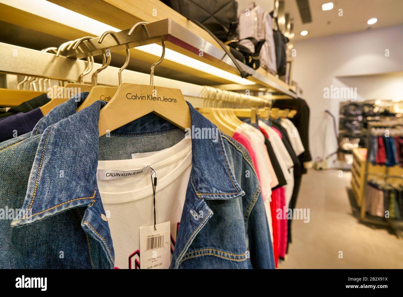 HONG KONG, CHINA - JANUARY 23, 2019: clothes on display at Calvin Klein  Jeans store in New Town Plaza. New Town Plaza is a shopping mall in the  town c Stock Photo - Alamy