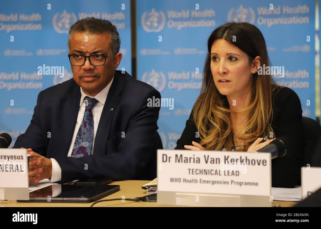 Geneva, Switzerland. 3rd Mar, 2020. Maria van Kerkhove(R), technical lead  for the Health Emergencies Program of the World Health Organization (WHO),  speaks at a daily briefing in Geneva, Switzerland, on March 3,