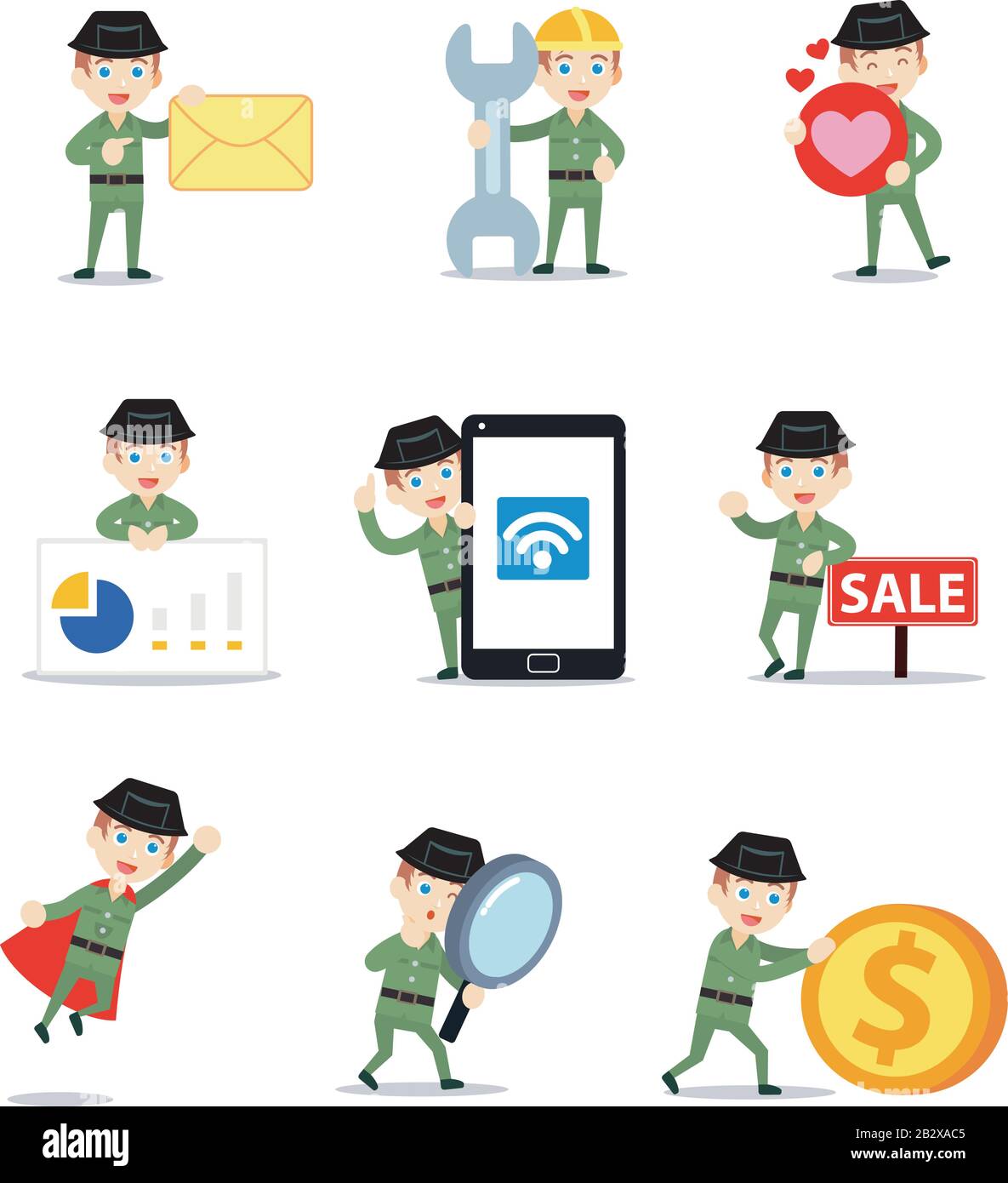 Set character of civil guard man checking security camera every hour. Stock Vector