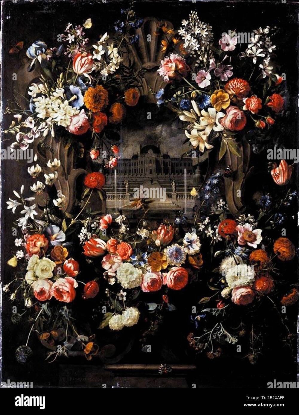 Gaspar Peeter Verbruggen - Still life of garlands of flowers adorning a carved stone window, a palace garden with David and Bathsheba beyond. Stock Photo