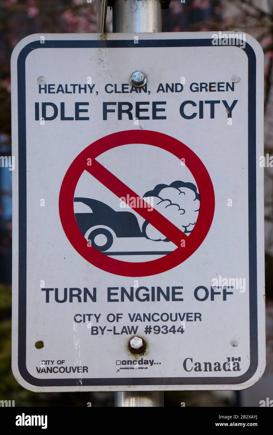 Vancouver, Canada - February 17, 2020: View of road sign 'Idle Free City' near Vancouver City Hall Building Stock Photo