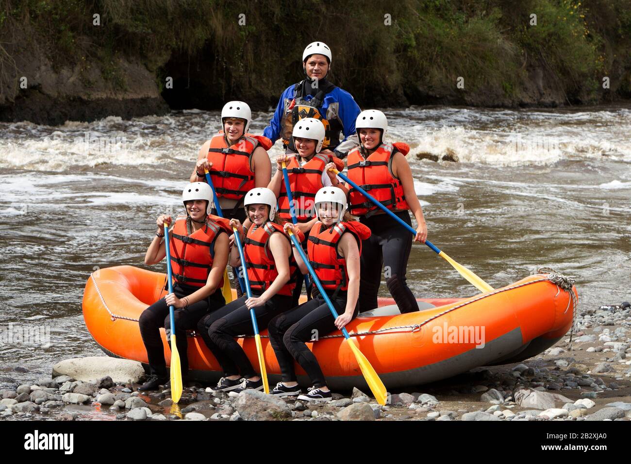 Large Group Of Young People Ready To Go Rafting Stock Photo