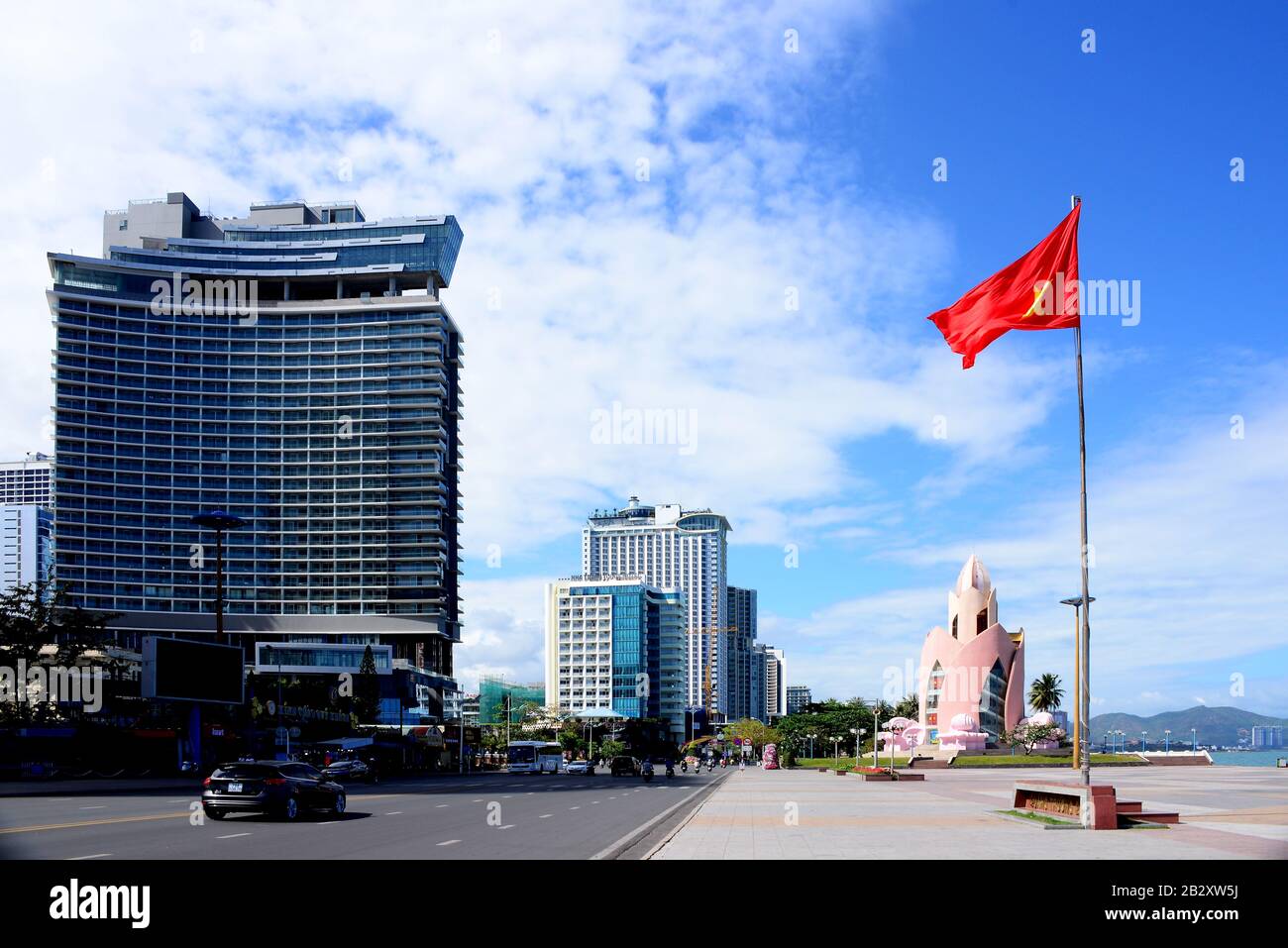 NHA TRANG, VIETNAM – 29 FEBRUARY 2020 : Tram Huong Tower, which is located in the center of the city, is considered as the symbol of Nha Trang city Stock Photo