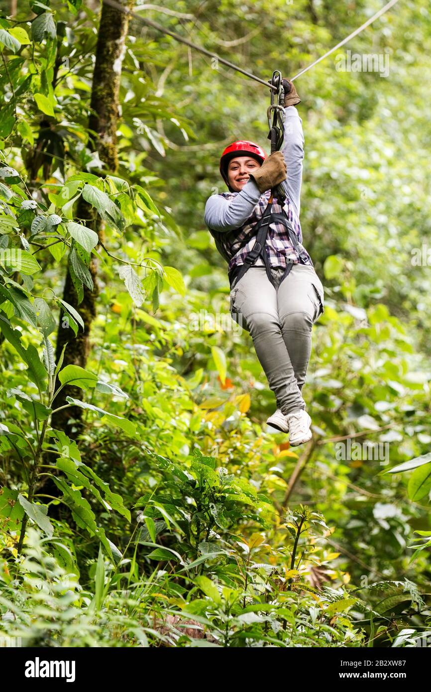 Adult Trekker Wear Casual Clothing On Zipline Trip Tungurahua State Ecuador Stock Photo