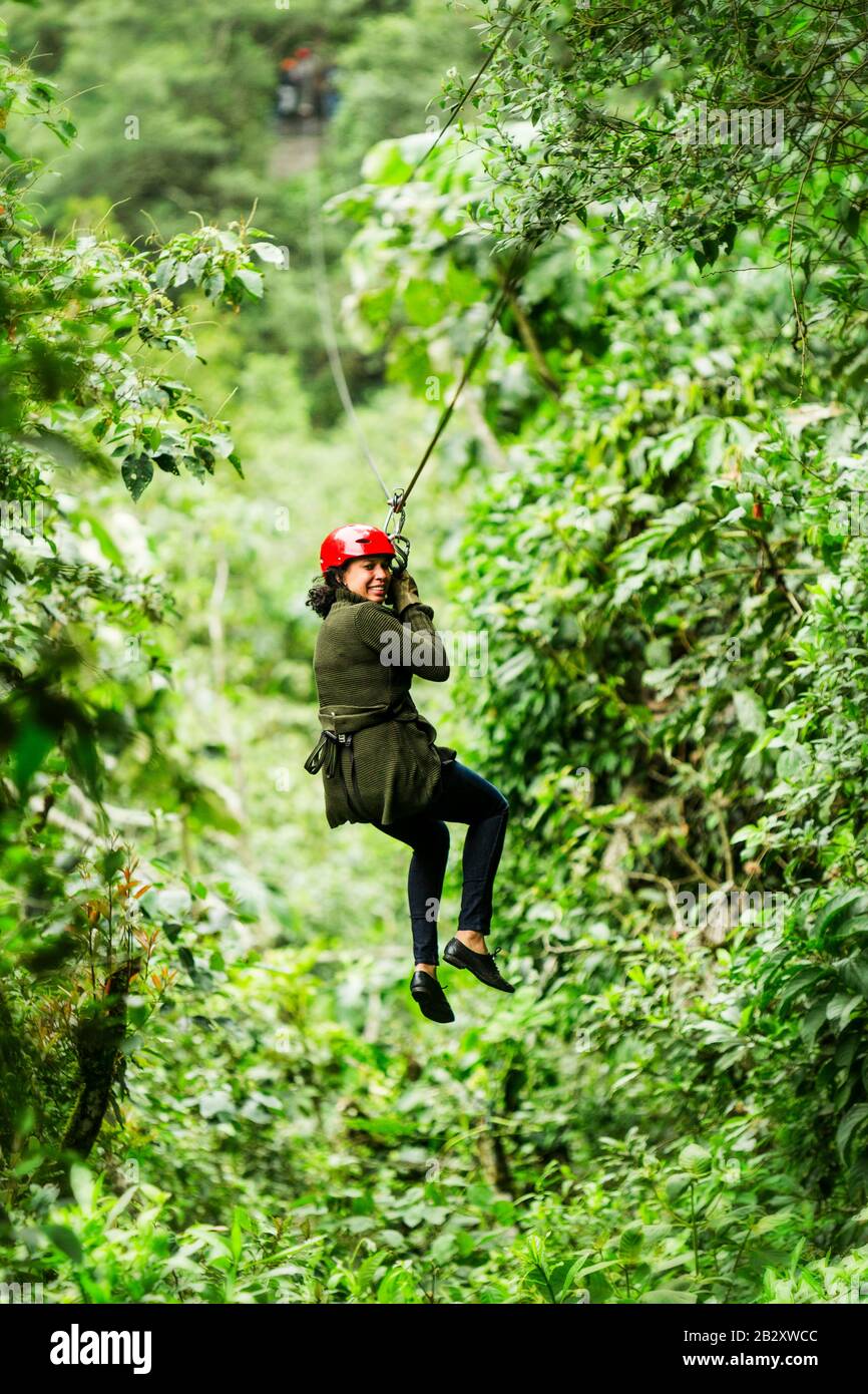 Adult Slim Afro Woman On Zipline In Ecuadorian Rainforest Nearby Banos De Agua Santa Stock Photo