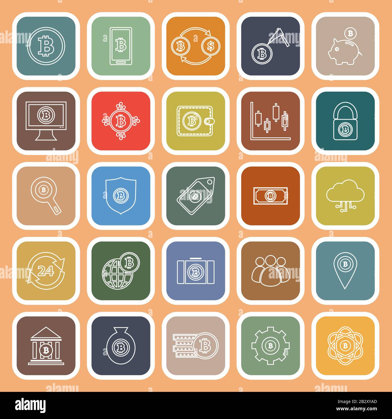 Bitcoin line flat icons on orange background, stock vector Stock Vector ...