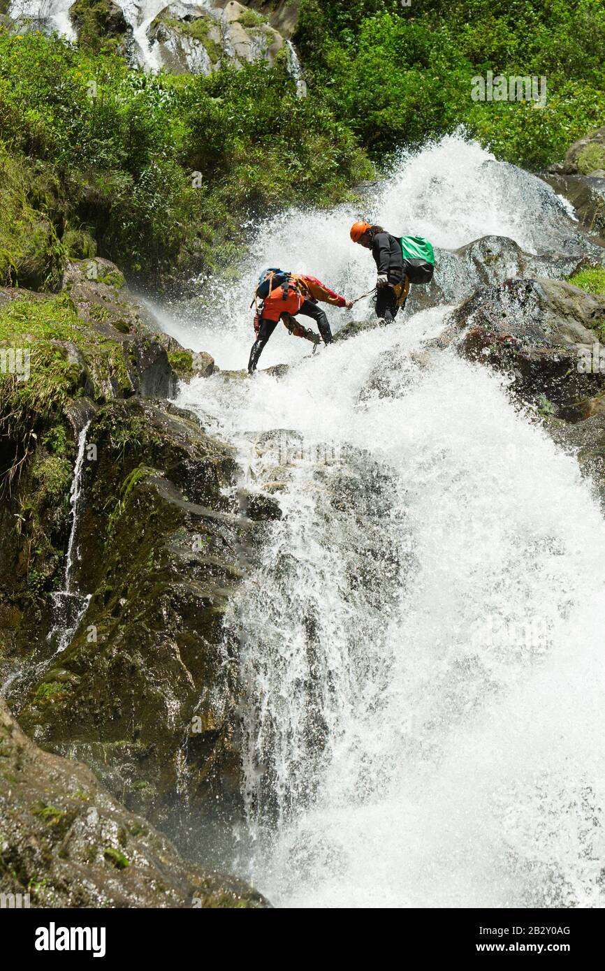 Waterfall Descent By Professional Canyoning Instructors Stock Photo