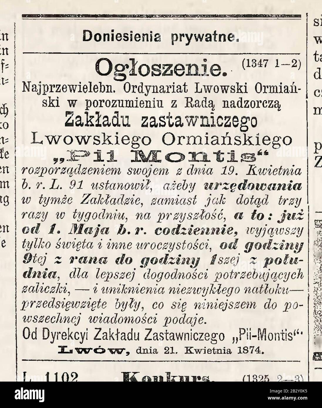 Gazeta Lwowska. - 22 kwietnia 1874. - № 91. - S. 8 (01). Stock Photo