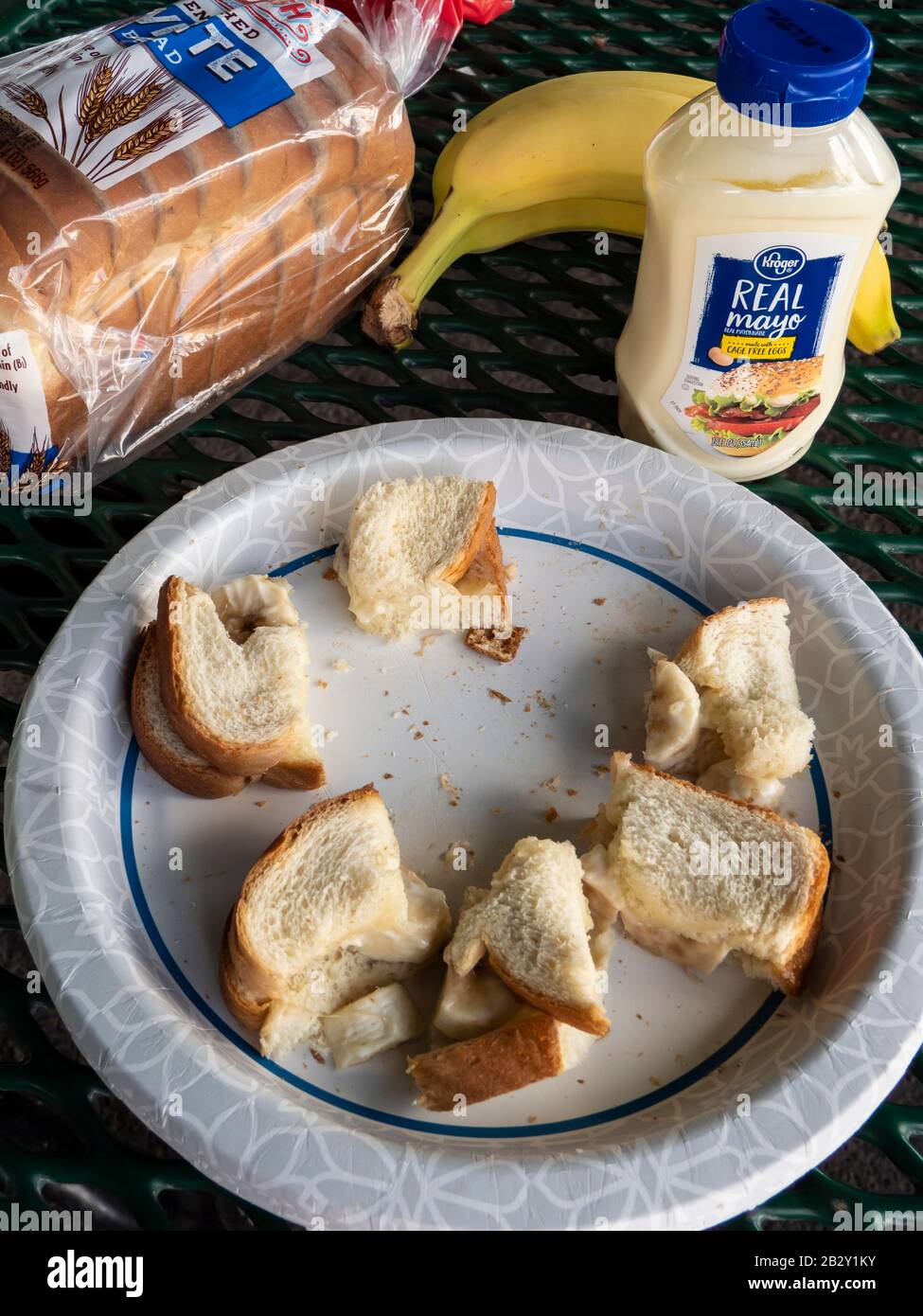 Sandwich creation with white bread, bananas and mayo, Grand Junction
