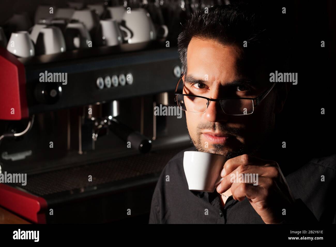 Coffee Sommelier Tasting Espresso Cup High Contrast Image Stock Photo